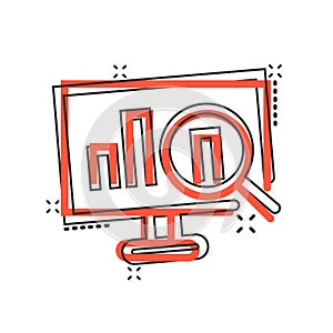 Website analytics icon in comic style. SEO data cartoon vector illustration on white isolated background. Computer diagram splash