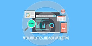 Website analytics, marketing data and seo optimization report analysis. Flat design vector banner.