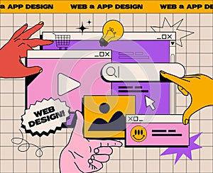 Website or APP design banner concept advertisement in retro style with hands working on ui ux design or mobile application. Studio