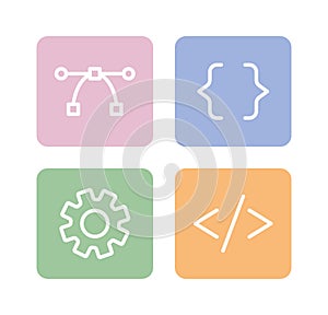 Website, app development buttons linear flat color vector icons set