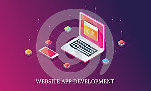 Website app development, programming, coding, interface, responsive, mobile device, isometric concept.