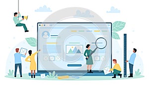 Website, app wireframe creation, tiny people create application UI, construct design