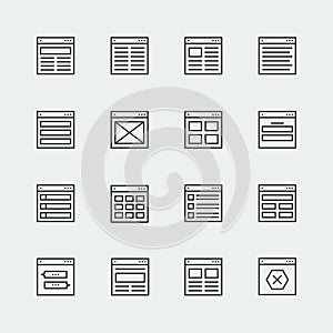 Website or application wireframe template and design layout icons in outline style