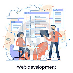 Website architecture concept. PHP and MySql. CMS content management system. Web development. Software testing. Interface design