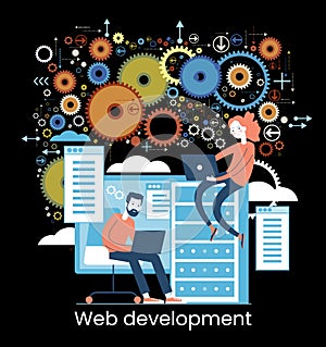 Website architecture concept. PHP and MySql. CMS content management system. Web development. Software testing. Interface design
