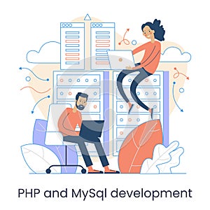 Website architecture concept. PHP and MySql. CMS content management system. Web development. Software testing. Interface design