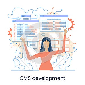 Website architecture concept. PHP and MySql. CMS content management system. Web development. Software testing. Interface design