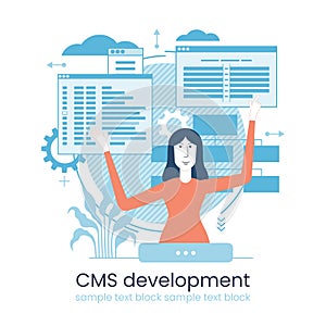 Website architecture concept. PHP and MySql. CMS content management system. Web development. Software testing. Interface design