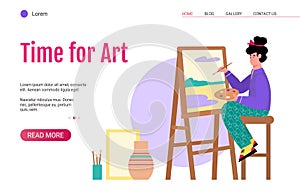 Website for art studio with artist painting on canvas flat vector illustration.