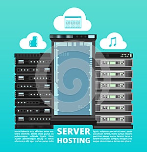 Website cloud hosting, digital data storage and computer server support vector concept