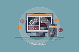 Website coding. Programming code application on computer and mobile screen. Web programming source code technology.