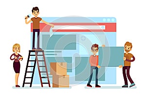 Website construction and webdesign ui building with people team. Web interface development vector concept