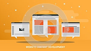 Website Content Development Illustration With Internet Icons Over Orange Background
