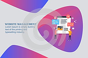 Website content management, experts managing content for website audience, website management software and tools. Flat banner.