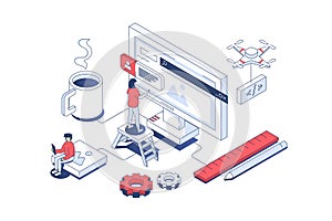 Website creating concept in 3d isometric design. Developers prototyping and coding, designing page layout and homepage user