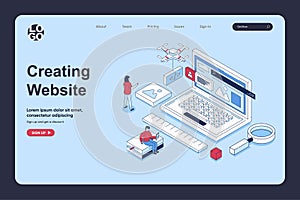 Website creating concept in 3d isometric design for landing page template.