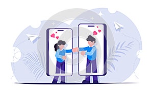 Website or dating app concept. Meet your love. People find and communicate with each other through phones. Modern