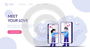 Website or dating app concept. Meet your love. People find and communicate with each other through phones. Modern