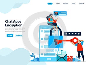 Website design of chat apps encryption and mobile security. secure personal data by protecting smartphone. Flat illustration for