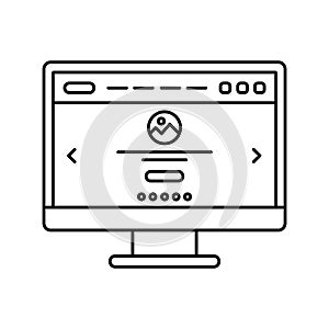 Website design in computer screen lined icon. Landing page on monitor line icon. Web page user interface. Isolated