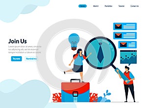 Website design of join us, hiring and refer a friend program. recruitment announcements and job openings. Flat illustration for