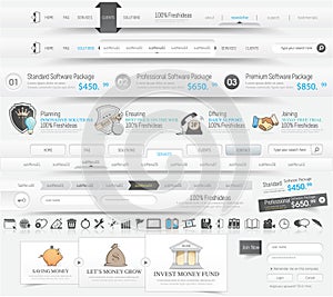 Website design navigation template elements with icons set