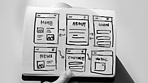 UI UX designer drawing new website wireframe.