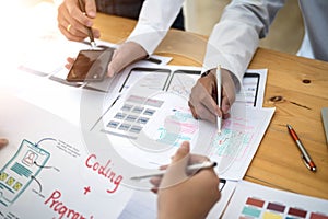 Website designer development UI/UX desing about sketched notes wireframe layout mobile application project. User experience