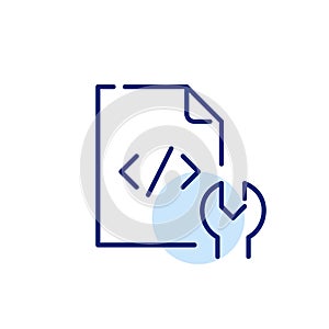 Website development. Coding and maintenance. HTML file and wrench. Pixel perfect, editable stroke icon