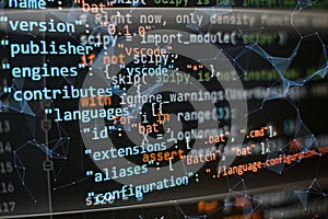 Website development. Developer working on program codes in office. Computer program. Programmer workplace. Programming code.