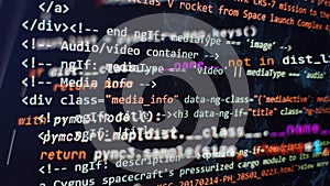 Website development. Developer working on program codes in office. Computer program. Programmer workplace. Programming code.