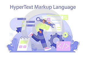 Website development. HTML coding process. Digital specialist creating