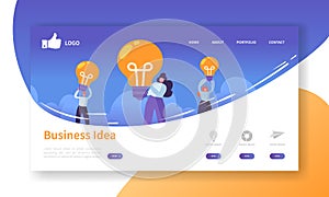 Website Development Landing Page Template. Mobile Application Layout with Flat Business People Holding Light Bulbs