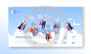 Website Development Landing Page Template. Mobile Application Layout with Flat Flying Business Heroes Man and Woman