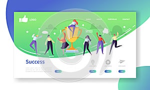 Website Development Landing Page Template. Mobile Application Layout with Flat People with Golden Prize Business Success