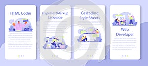 Website development mobile application banner set. HTML coding process