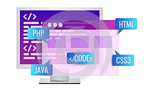 Website development, program code. Icon Personal computer with program code