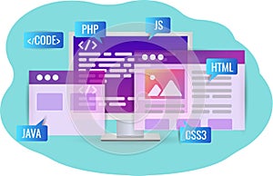 Website development, program code. Personal computer with program code