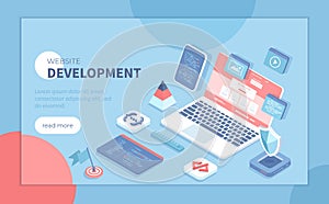 Website Development Programming Coding. Design, user experience UX, user interface UI. Website layout elements, photo, video