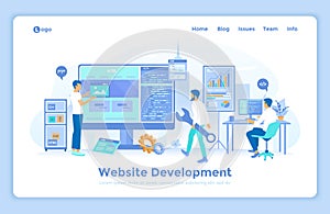 Website Development, Programming, Optimization. Team of web developers working on computer, building site, programming code.
