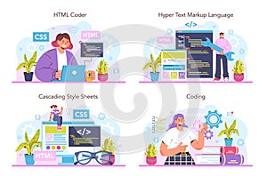 Website development set. HTML coding process. Digital specialist
