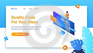 Website development vector illustration. 3d Isometric. Woman sitting in monitor build site. landing page illustration