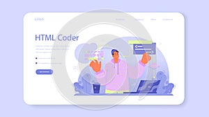 Website development web banner or landing page. HTML coding process