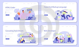 Website development web banner or landing page set. HTML coding process
