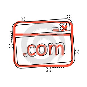 Website domain icon in comic style. Com internet address cartoon vector illustration on white isolated background. Server splash