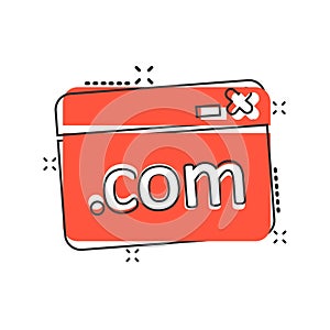 Website domain icon in comic style. Com internet address cartoon vector illustration on white isolated background. Server splash