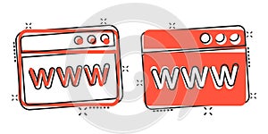 Website domain icon in comic style. Com internet address cartoon vector illustration on white isolated background. Server splash