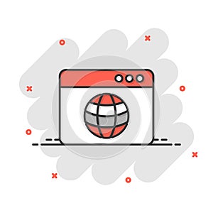 Website domain icon in comic style. Global internet address cartoon vector illustration on white isolated background. Server