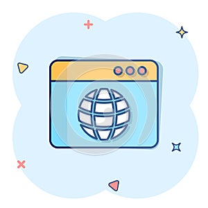 Website domain icon in comic style. Global internet address cartoon vector illustration on white isolated background. Server