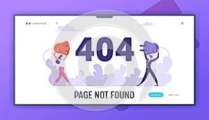 Website Error 404 Page with Business Characters Holding Wire Plug Socket. Page Not Found Template, Broken Internet